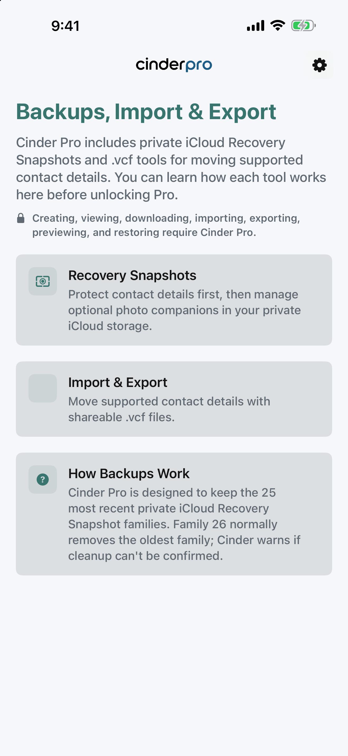 Cinder Backups, Import and Export screen with Recovery Snapshots, Import and Export, and How Backups Work