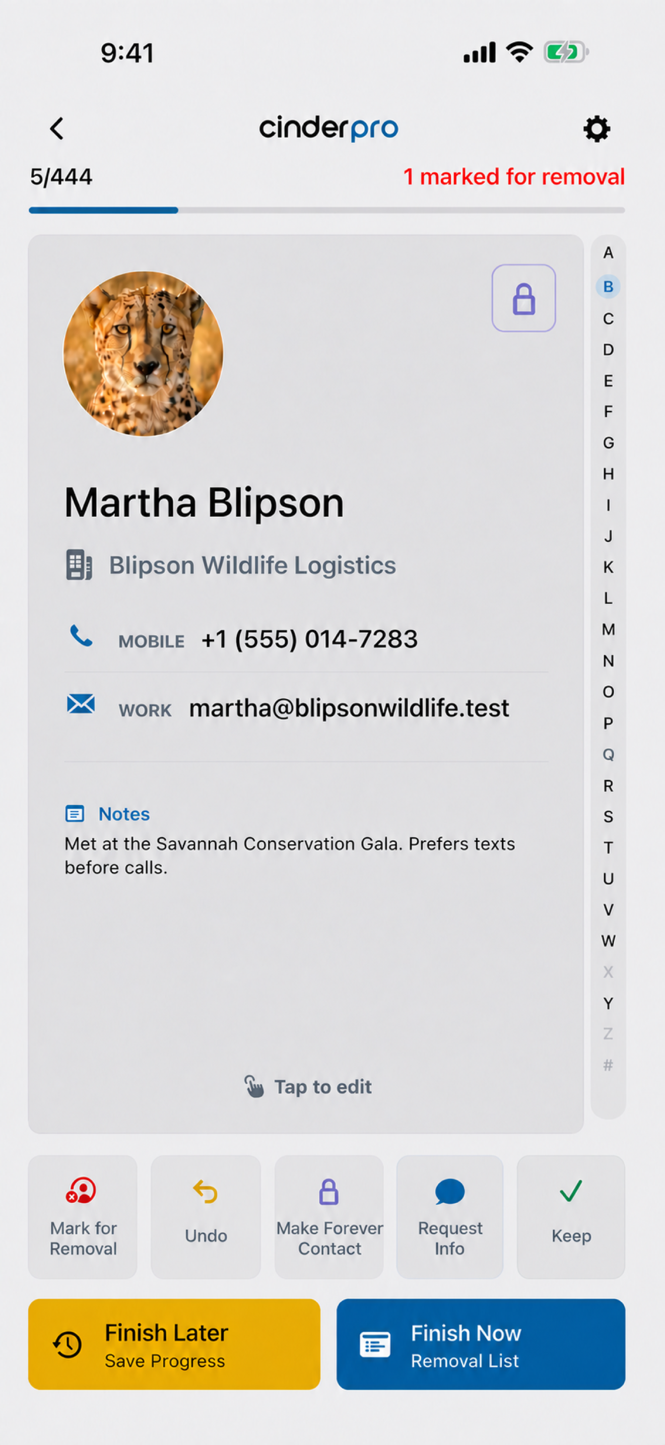 Cinder contact review preview showing Martha Blipson with the current review controls and exits
