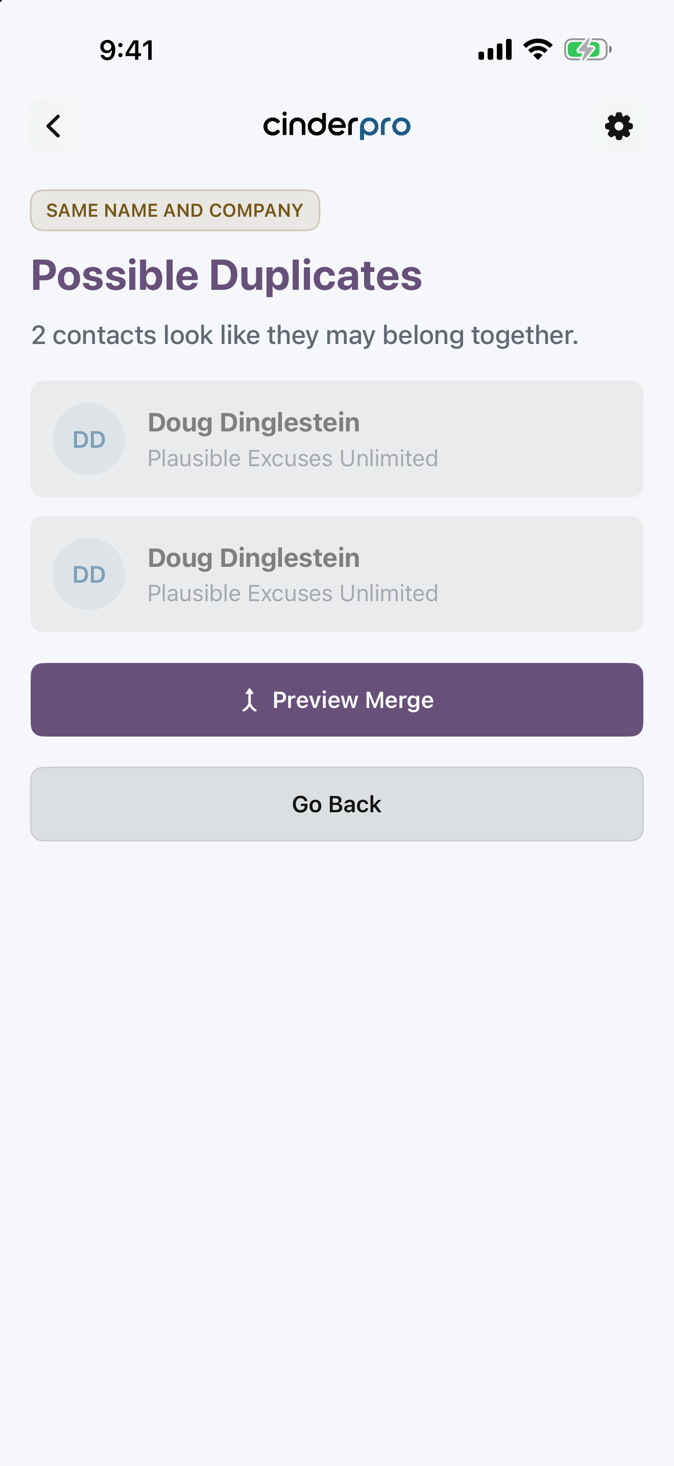 Possible Duplicates detail screen with Preview Merge button