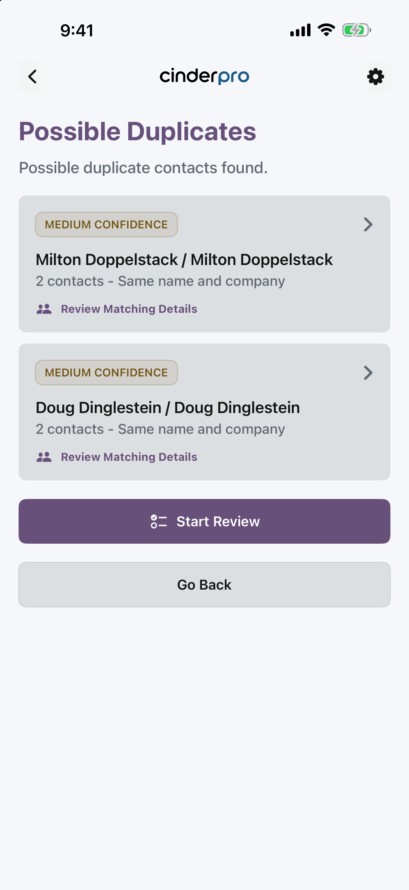 Possible Duplicates screen with two matching groups