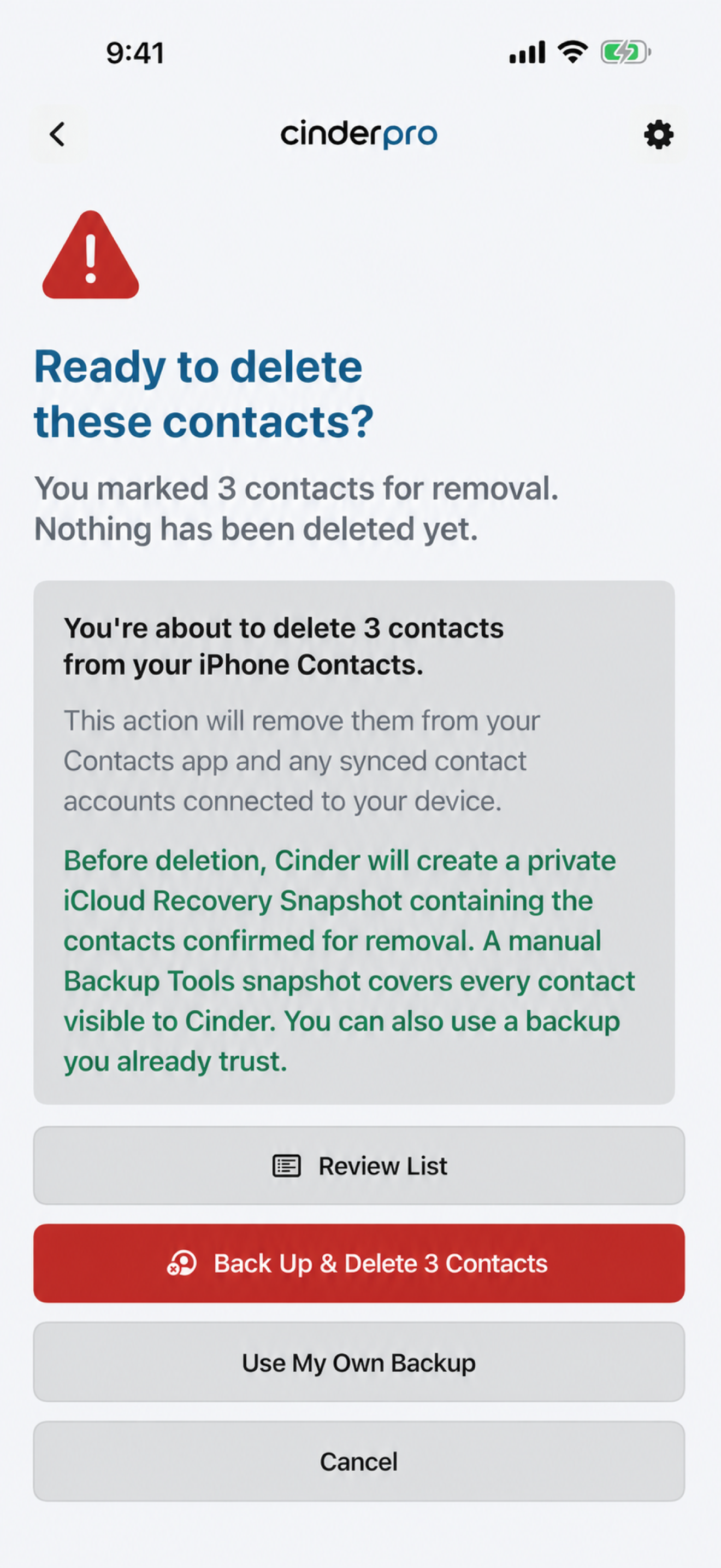 Cinder final confirmation showing Review List, Backup and Delete 3 Contacts, Use My Own Backup, and Cancel