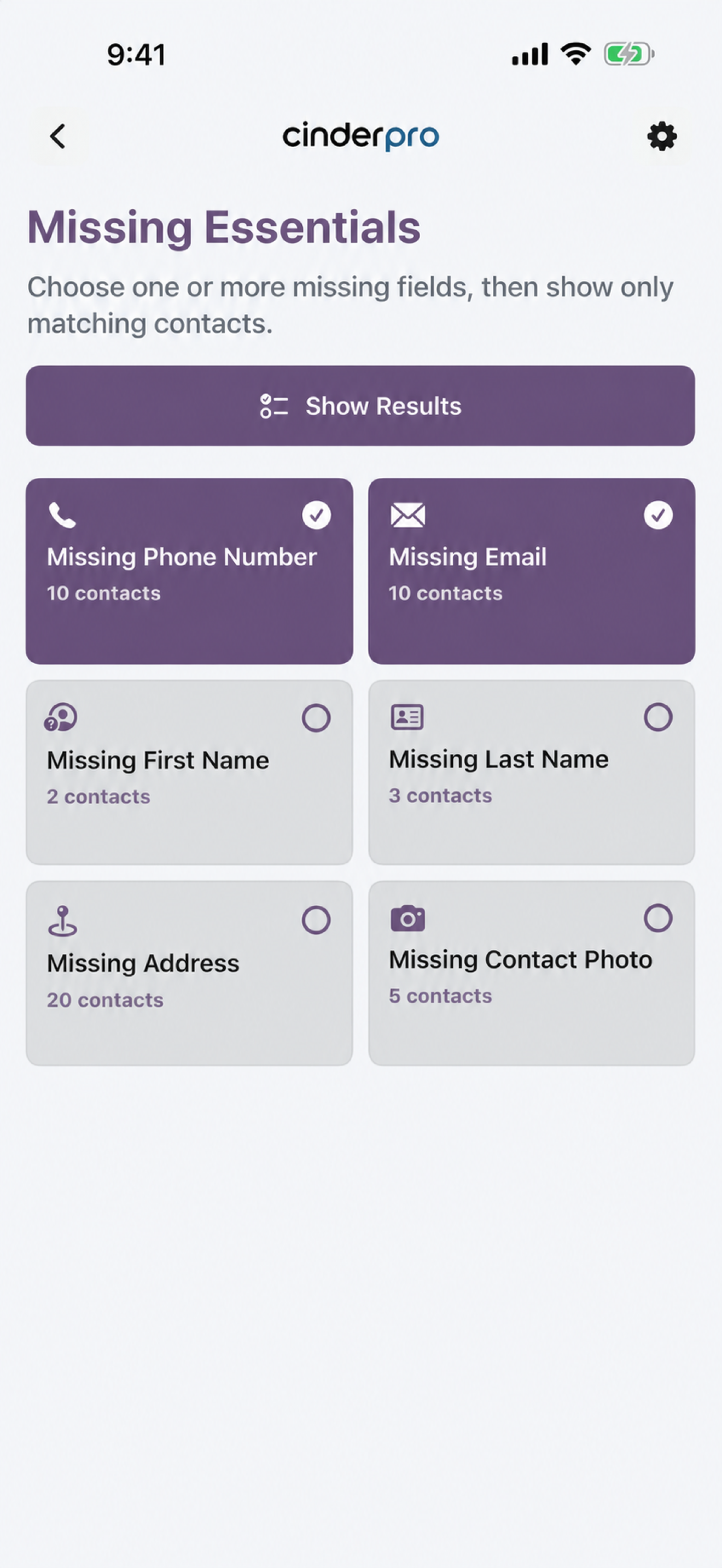 Cinder Missing Essentials field selection with one Show Results action above the option grid