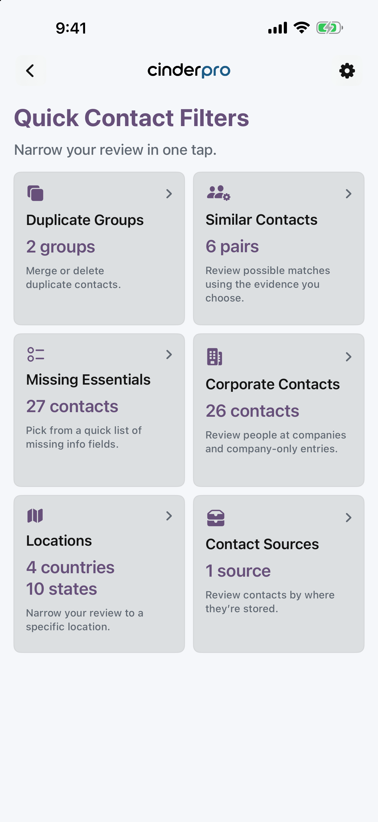 Cinder Quick Contact Filters showing duplicates, similar contacts, missing essentials, corporate contacts, locations, and contact sources