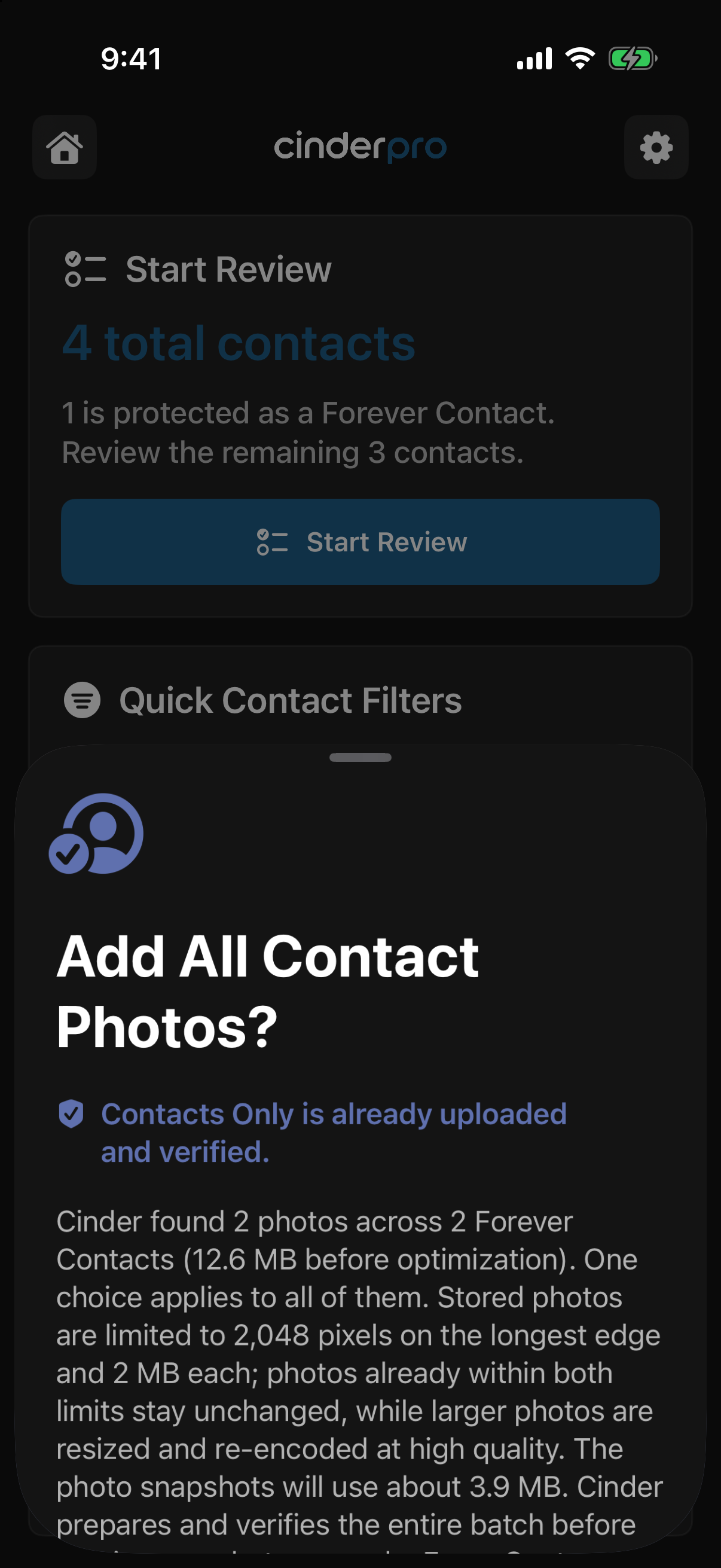 Cinder v1.0 Add All Contact Photos sheet stating that Contacts Only is already uploaded and verified and one choice applies to all eligible Forever Contacts