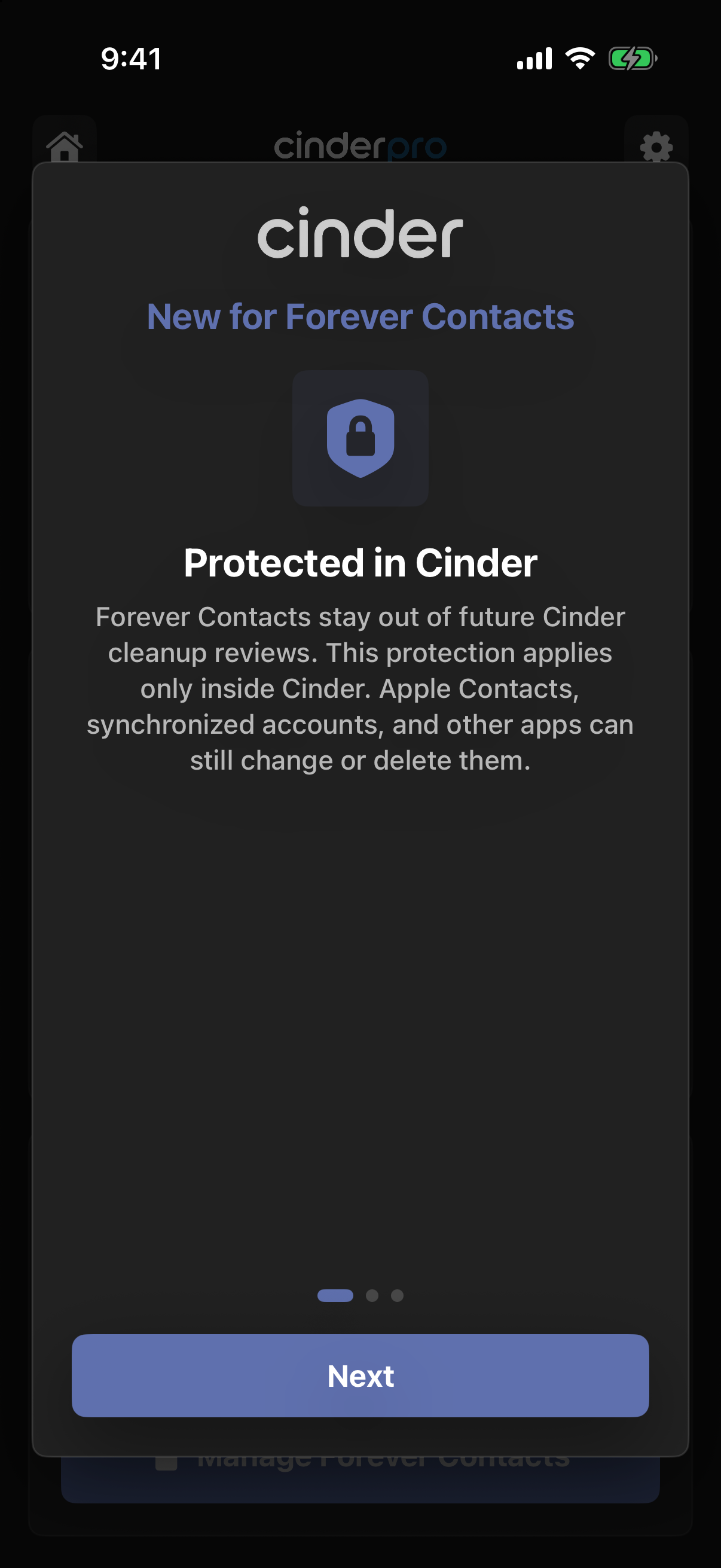 Cinder v1.0 New for Forever Contacts onboarding explaining that protection applies only inside Cinder